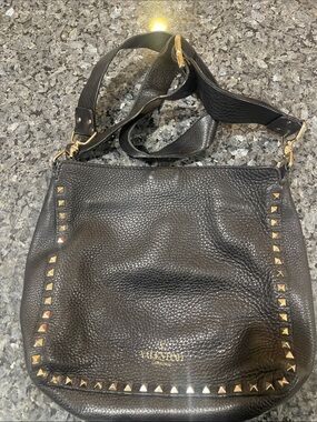 Valentino Garavani Black Pebbled Leather Shoulder Bag with Gold Studs